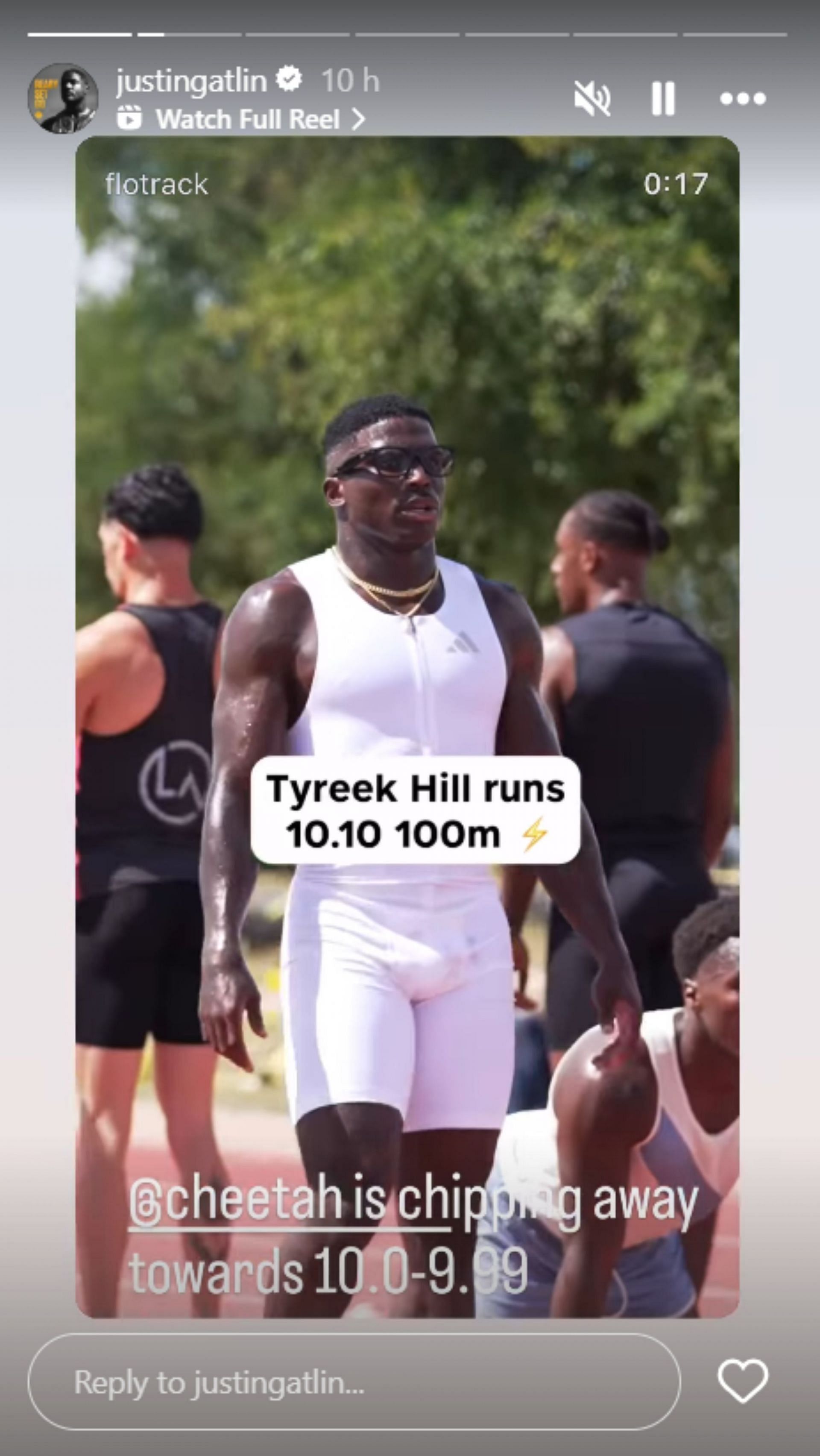 Justin Gatlin reacts to Hill's race; Instagram - @justingatlin